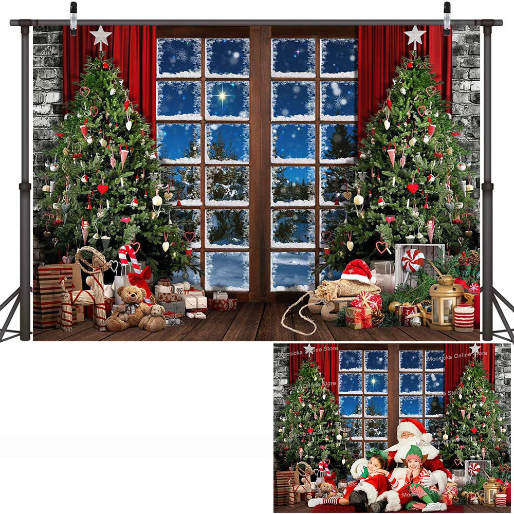 Merry Christmas Party พื้นหลังสำหรับ3d Hiasan Kamar Xmas ต้นไม้เตาผิงฉากหลังฤดูหนาวแช่แข็งหน้าต่างวันเกิดยิง