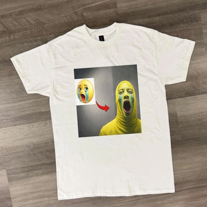 Emotional Tears Graphic Tee, Yellow Scream Mask Emoji Transformation Design, Crying Emoji Shirt
