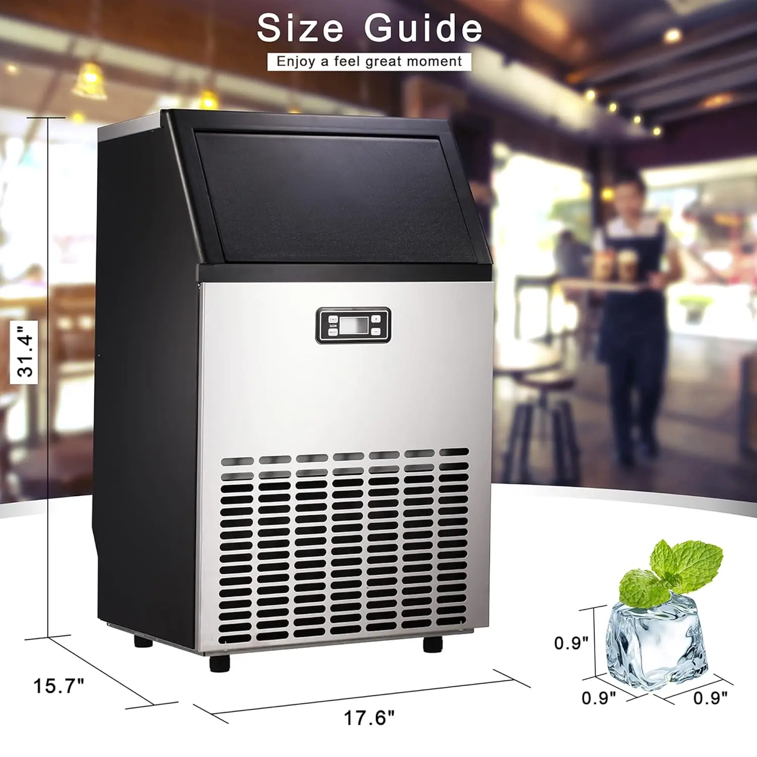 Ice Maker, Commercial Ice Machine,100Lbs/Day, Stainless Steel Ice Machine with 48 Lbs Capacity, Ideal for Restaurant, Bars