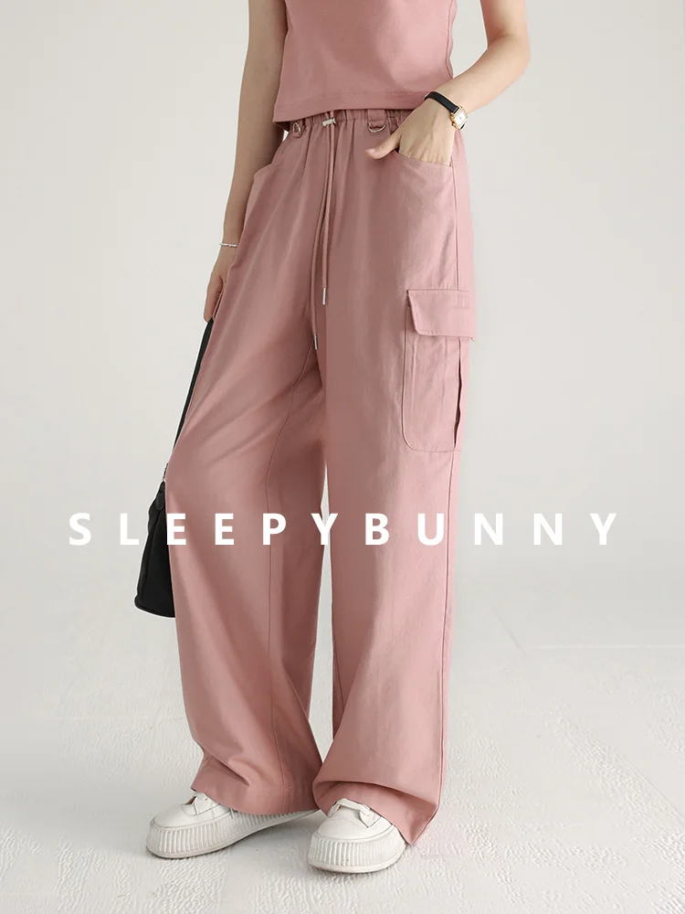 Women's High-Waist Cargo Pants Loose Fit Drawstring Wide-Leg Trousers Casual Vintage Straight-Leg Pants for Spring Summer