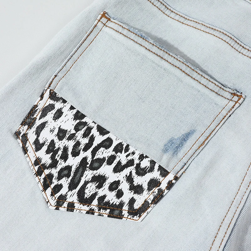 Fashionable new men's jeans washed nostalgic perforated light blue jeans high street designer hip-hop brand pants Y2K hombre