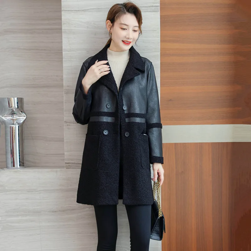 Plus Size Reversible Women Winter Faux Sheepskin Coat Turn-down Collar Pocket Lambskin Leather Long Coat 6XL Lady Wool Fur Coat