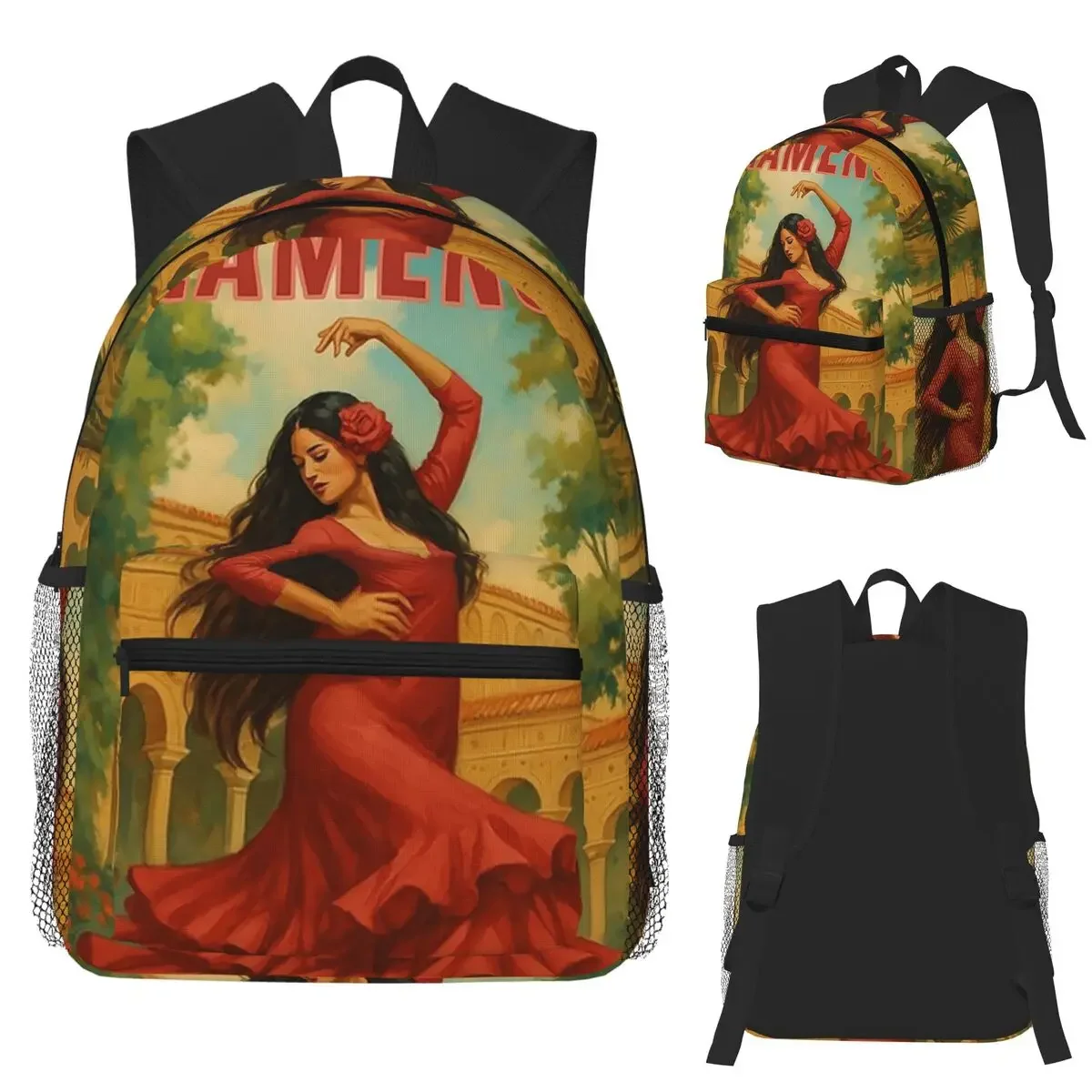 حقيبة ظهر فستان أحمر راقص الفلامنكو Daypack سعة كبيرة للأولاد والبنات حقيبة كتب مدرسية حقائب كتف للرجال والنساء #3