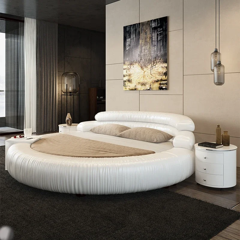 

Round European Bed Genuine Leather Minimalist Wedding High Quality Bed Apartment Fashionable Master Bedroom Lit Home Furniture