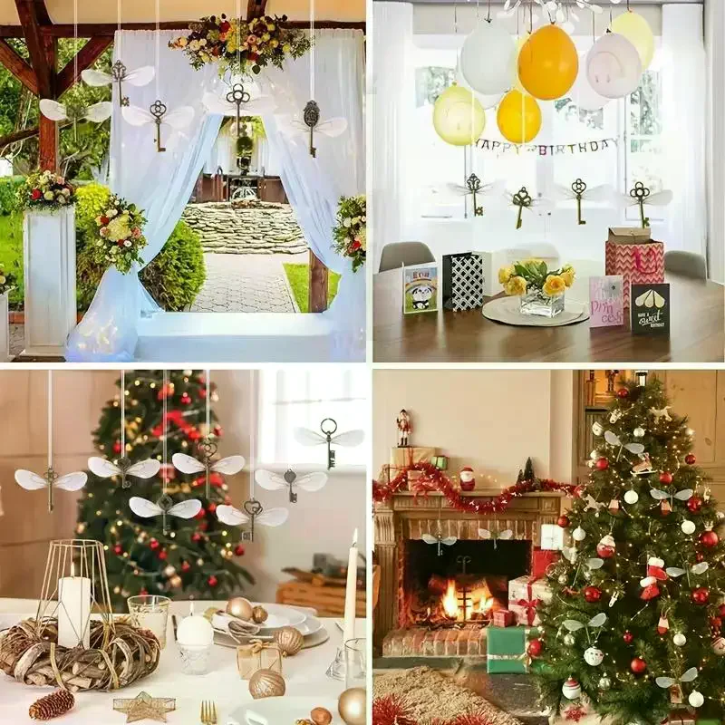 25/49 pçs vintage antigo filigrana chaves com asas de libélula diy efeito realista para sala natal festa de casamento decoations