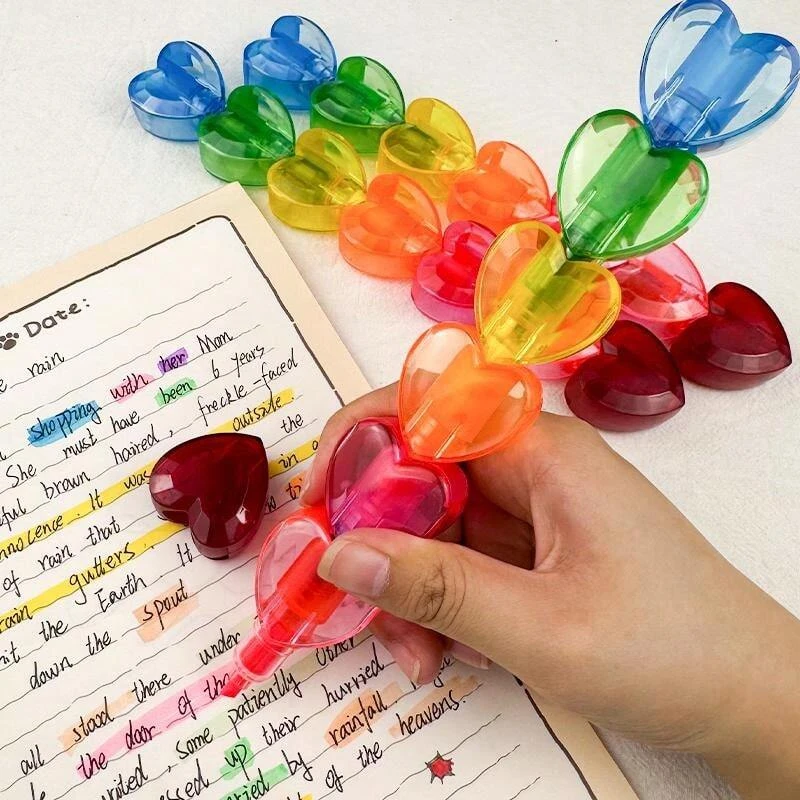 Heart Design Fluorescent Pens Set of 6, Non-Fading Highlighters for School Office Diary, Soft Bright Colors, Ideal for Students