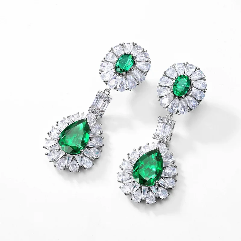 18K Gold Inlaid Colored Baby Stone PT950 Platinum Cultured Emerald Earrings for Women, Retro Noble Style Earrings