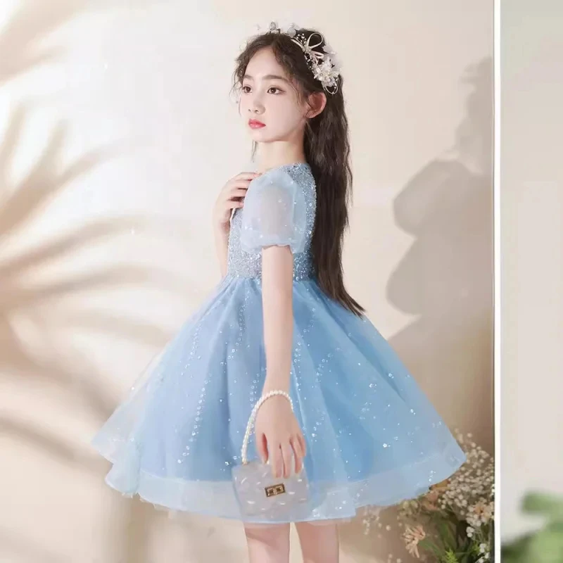 Customized Blue Flower Girl Dress For Wedding Glitter Short Sleeve Knee Length Elegant Kids Birthday First Communion Gown