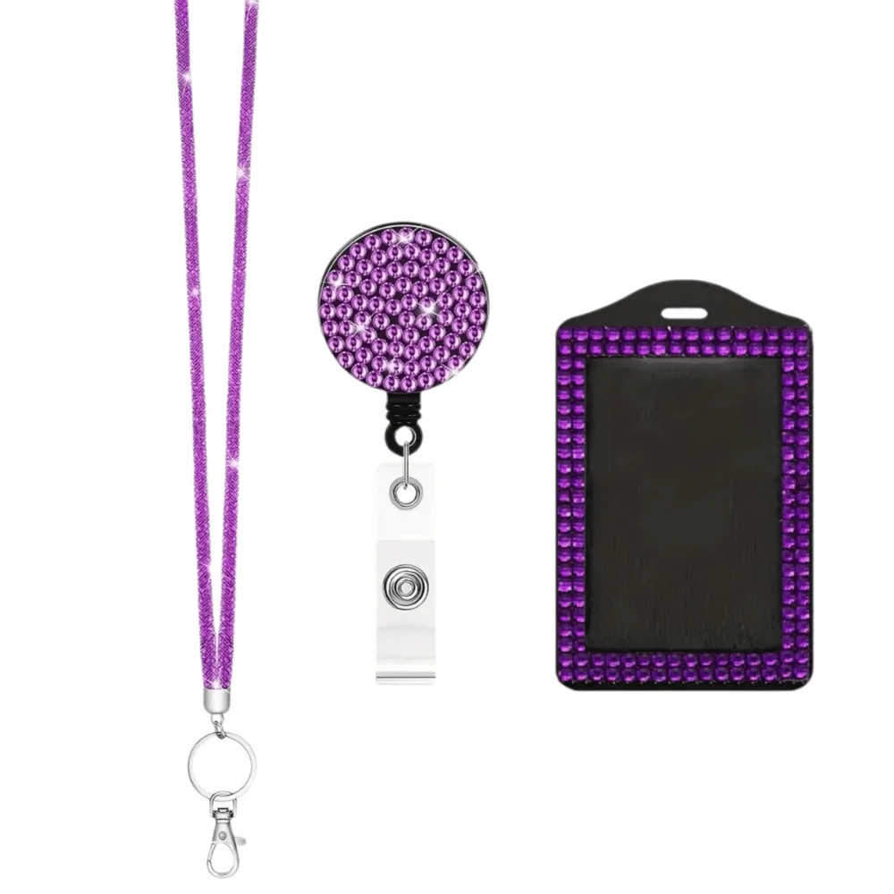 

Bling ID Holder with Lanyard Retractable Lanyard Rhinestone Decorated Retractable Badge Holder Elegant Design Easy Pull Buckle