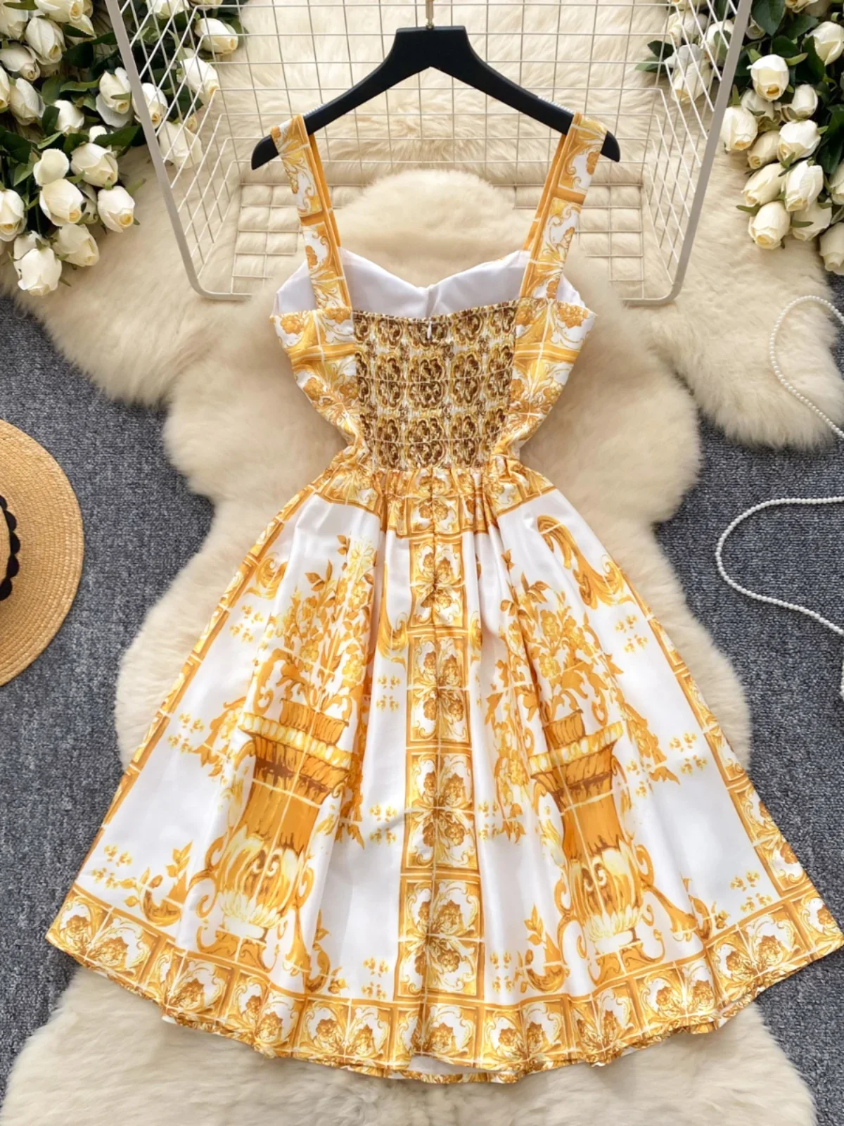 Vintage Palace Style Printing Dress Women Retro French Slim A-line Party Dresses Ladies Sleeveless High Waisted Summer Long Robe