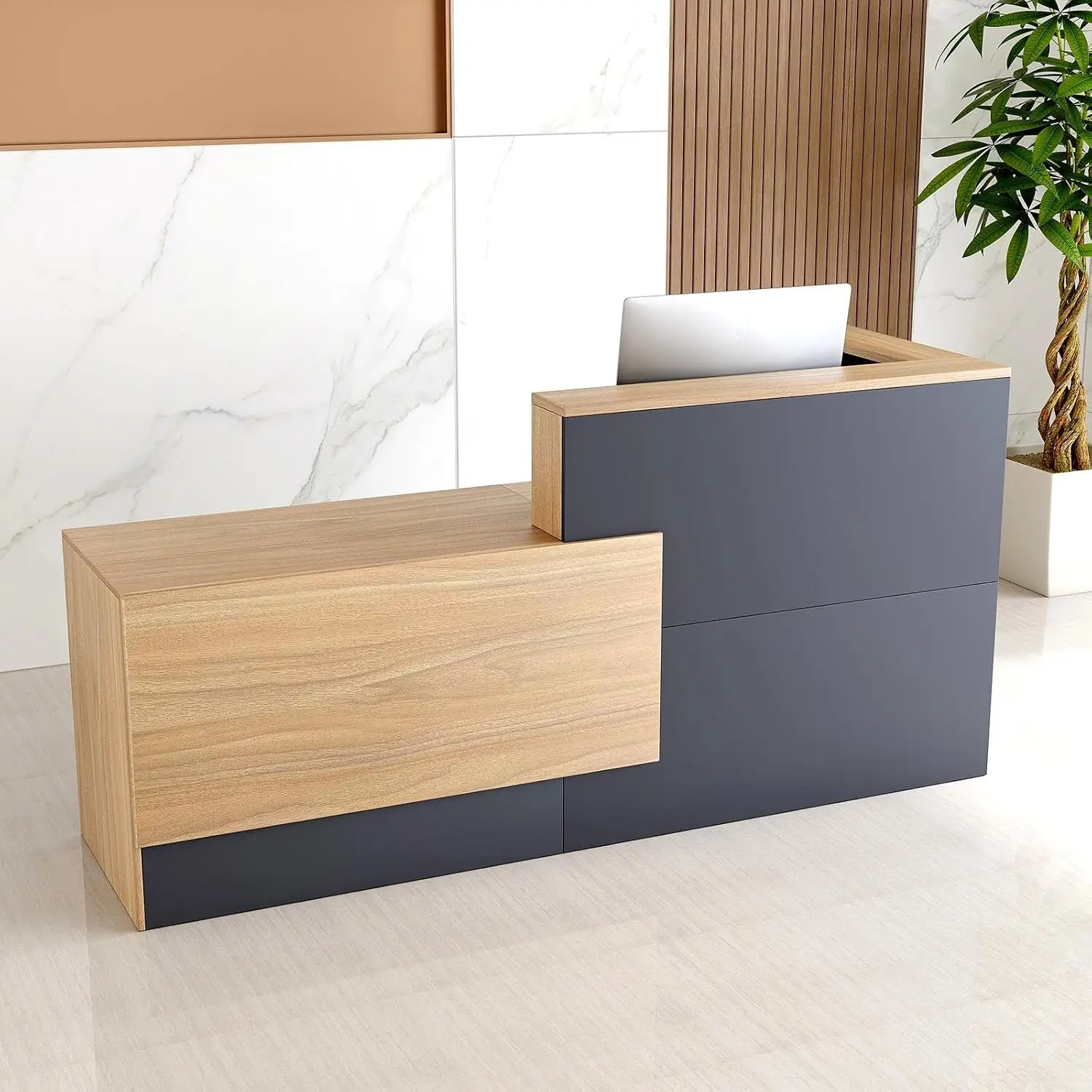 L Shaped Reception Desk with Lockable Drawers, Keyboard Tray & Adjustable File Cabinet, Modern Front Counter for, Customized