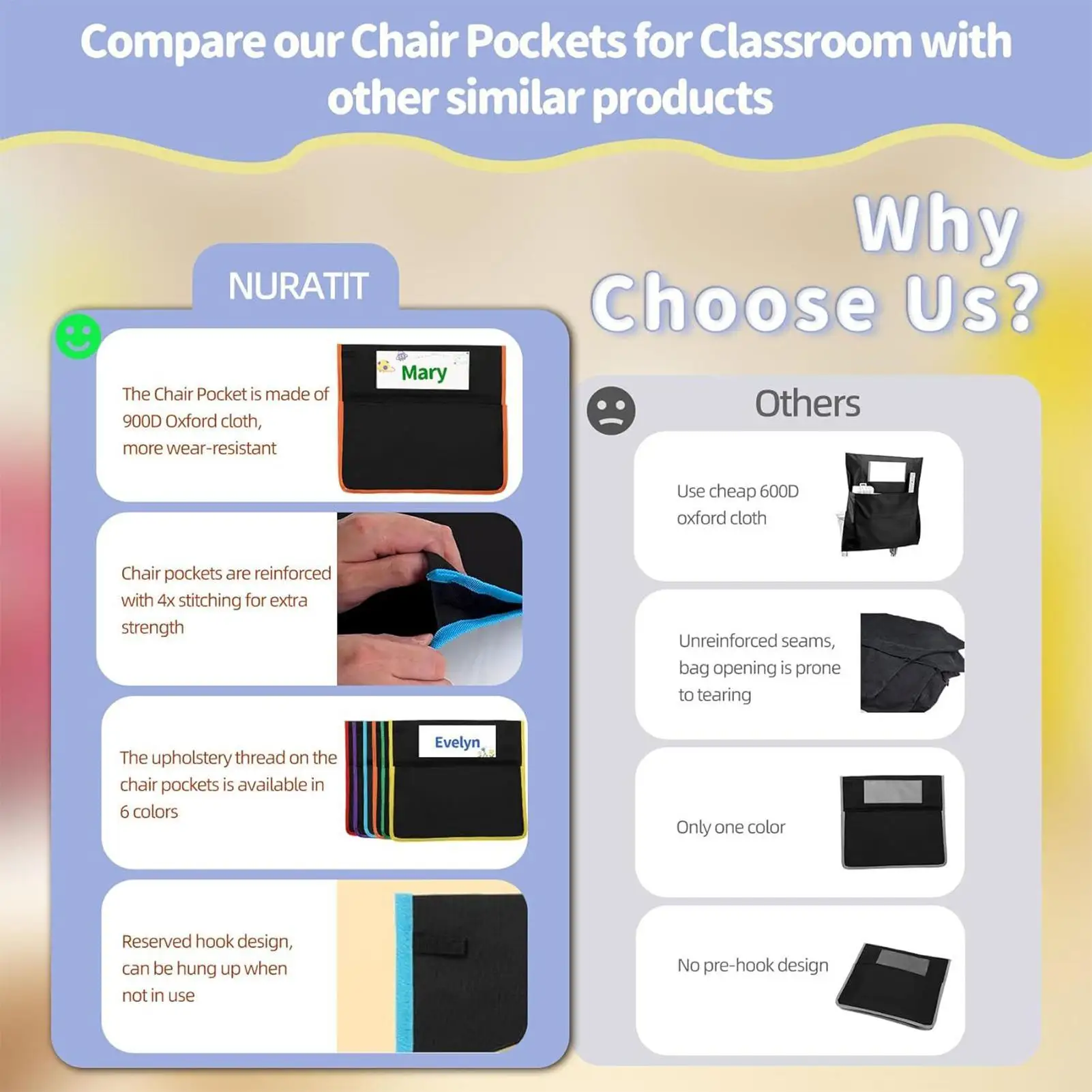 Chairback Buddy Pockets School Chairs Bags Seat Pockets Pockets With Name Tags For Classroom Kindergarten School Home Preschool