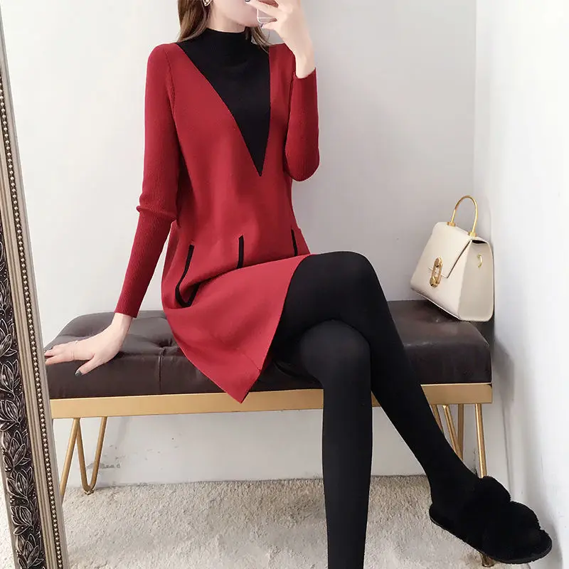 

Red Knitted Dress Autumn and Winter 2023 Women's Fashion Temperament Waist Slim Long Sweater