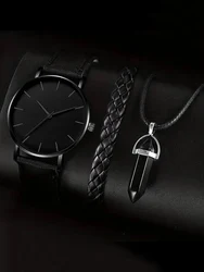 3PCs Men's Simple Round Belt Quartz Watch+Woven Bracelet+Necklace Combination Set