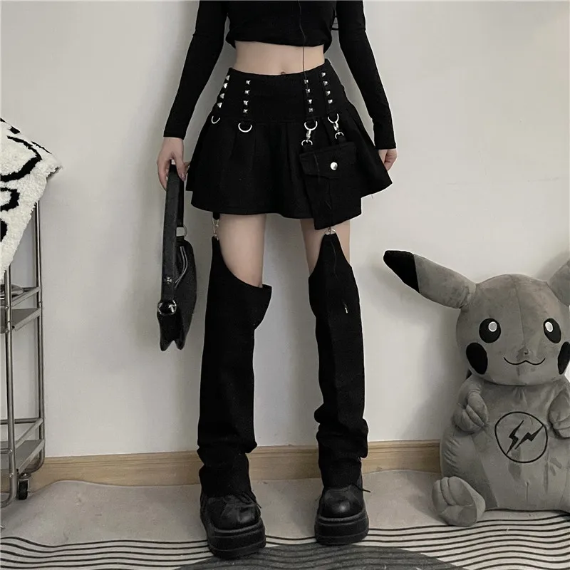 REDDACHiC Detachable Leg Warmers Denim Skirt Plain Black Jeans Pleated Mini Skirt Goth Punk Cyber Y2k Acubi Fashion 2-piece Set