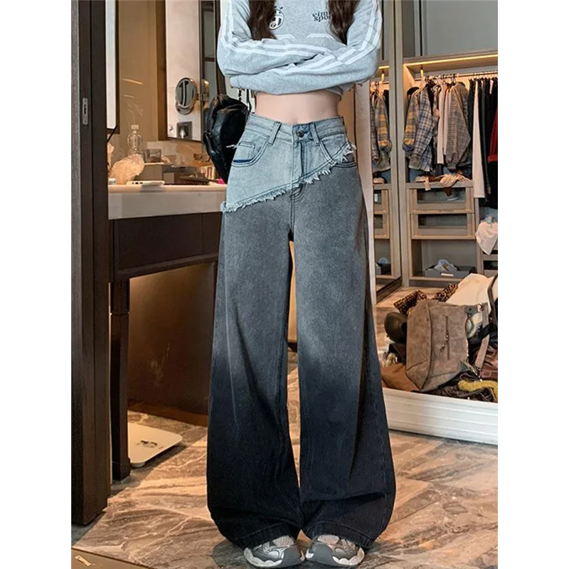 Grey Womens Jeans High Waist Vintage Design Sense Straight Baggy Denim Pants Street Y2K American Style Wide Leg Denim Trouser