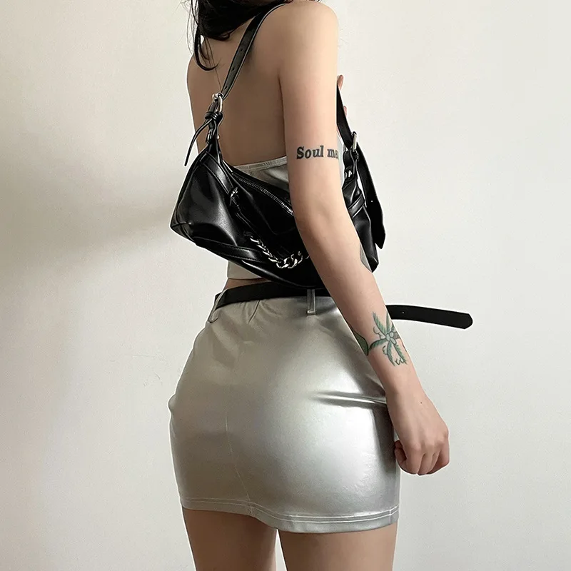Personalized Explosive Street Silver Spicy Girl Fashion Suit, Women's Irregular Fishbone Splicing Strapless Tight Hugging Skirt