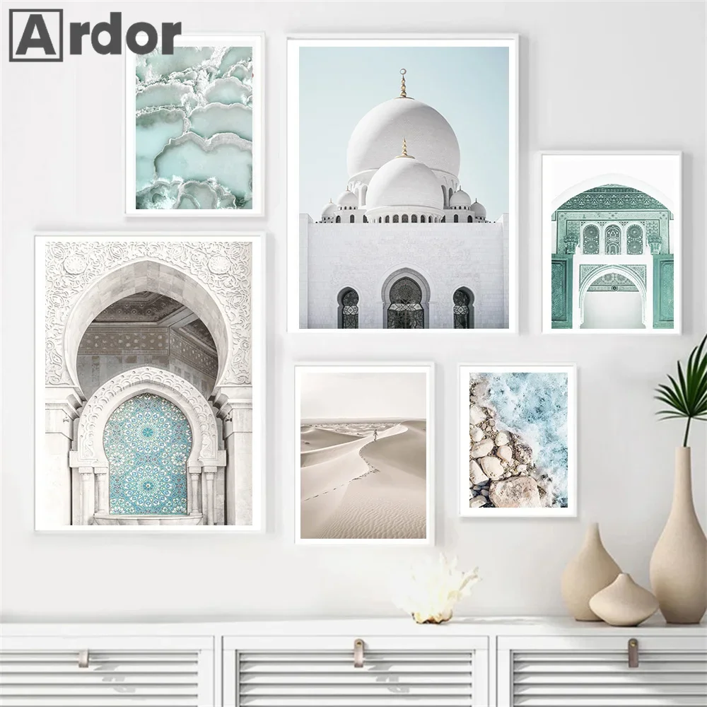 Beach Moroccan Posters Arched Bismillah Islamic Canvas Painting Muslim Architecture Wall Art Print Pictures Living Room Decor