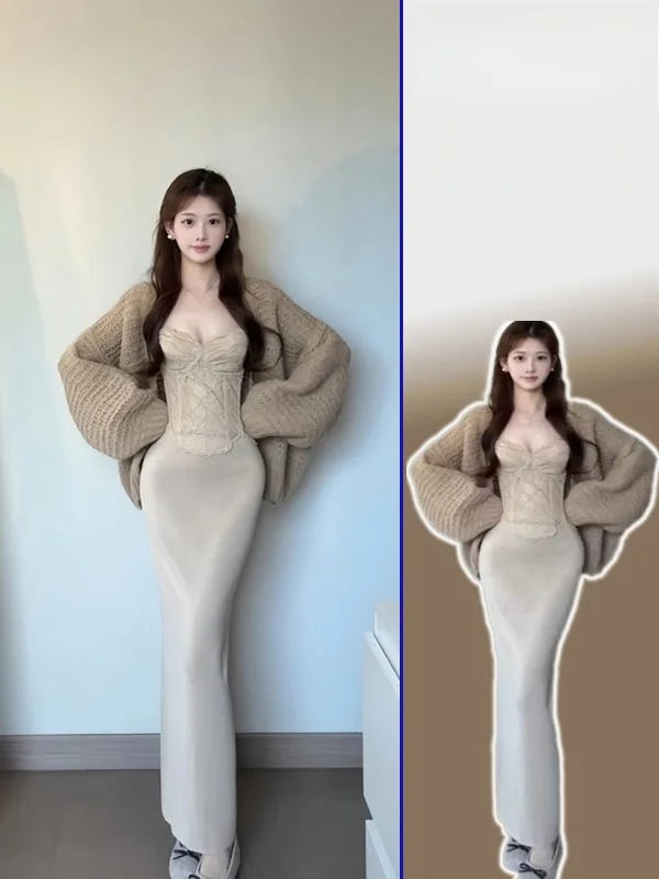 

Korean Sle Lazy Knitted Open Cardigan plus Size Lace Trim High Waist ter Top Skirt Set Breathable Casual Faion Ensemble