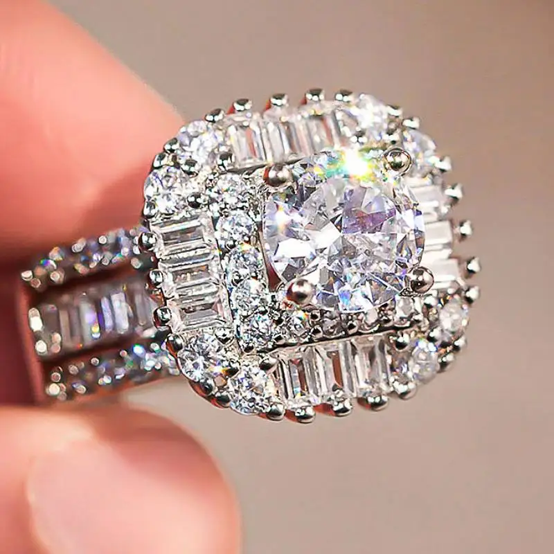 Huitan Luxus-Ring für Damen, voll schillernder Zirkonia, weiblicher Finger, trendiges Hochzeitstag-Zubehör, bezaubernder Schmuck, Geschenk