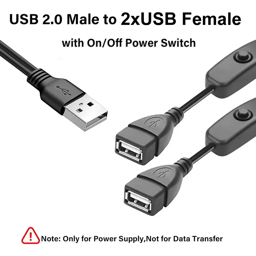 USB 1 in 2 Extension Cable with On/Off Switch USB Male to Female Hub Splitter Charing Cord for LED Lamp/Fan/LED Strips Etc