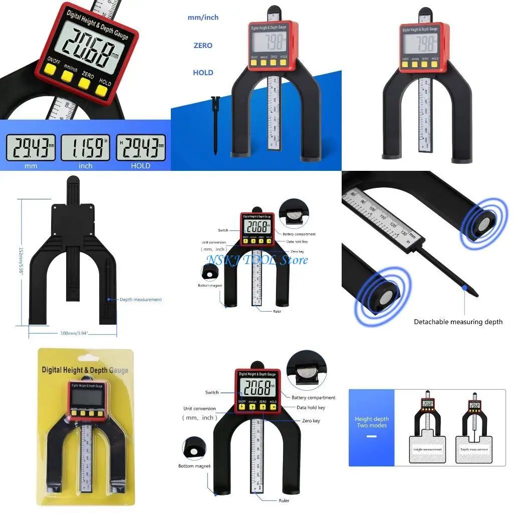 

L8RC 0-80mm Table Thickness Gauge Router Depth Gauge LCD Height Gauge for Woodworking Home Decoration MM/Inch Switch