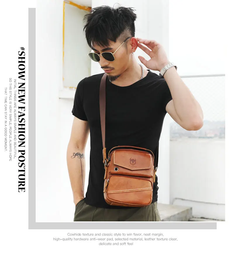 

Мужская сумка через плечо из натуральной кожи с несколькими карманами, мужская 8-дюймовая плоская многофункциональная сумка через плечо премиум-класса для хранения