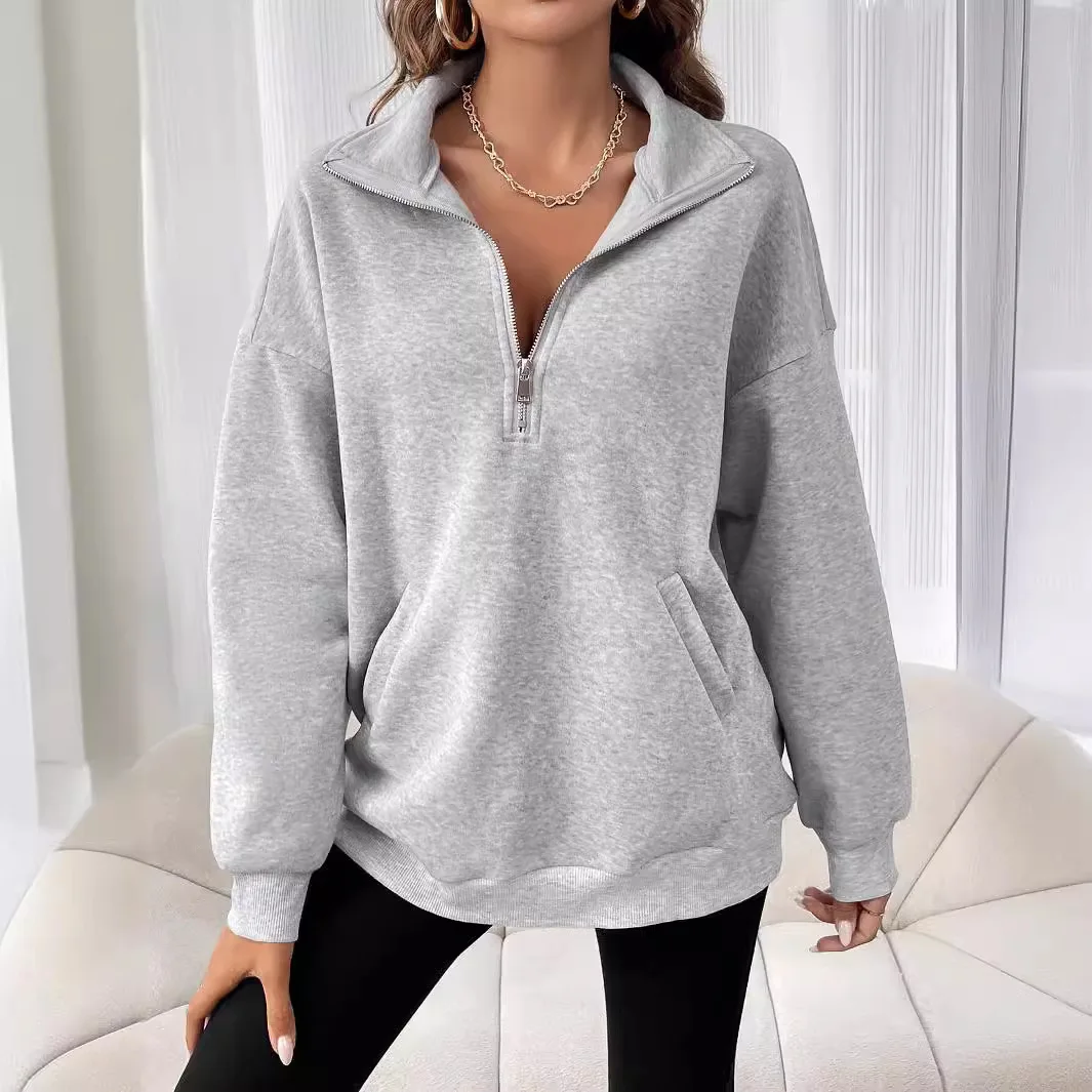 grey Autumn Winter Women\'s Hoodies Solid Color Loose Short Half Zip Pockets Thumb Hole Long Sleeve Pullover Sweatshirts hoody