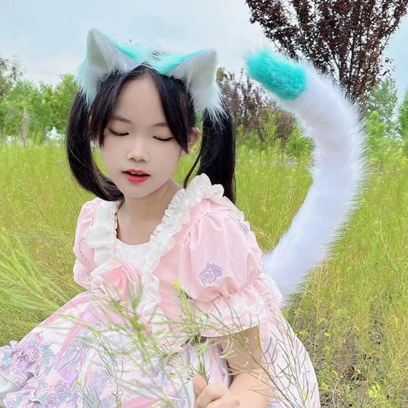 Cartoon Foxes Cat Ear Shape Hair Hoop with Tail Set Performances Hair Holder Cosplay Party Headwear for Teenagers Woman 4
