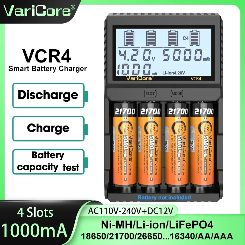

Varicore 18650 Battery Charger for 3.7V 26650 21700 18350 16340 18500 14500 1.2V NI-MH AA AAA LCD Smart Charger