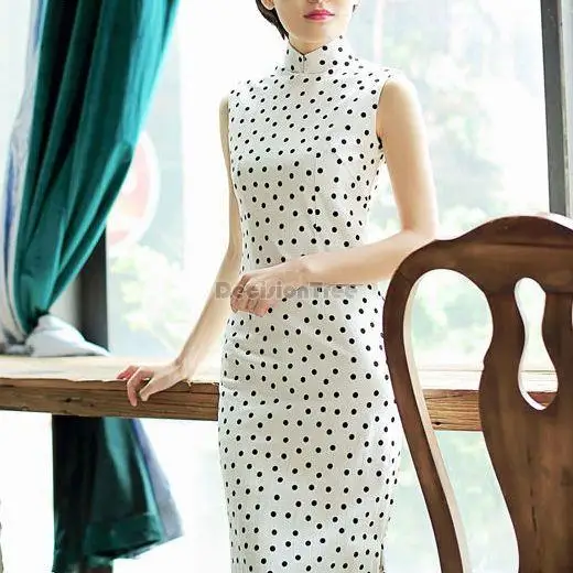 2023 new improved cheongsam long summer chinese style retro fashion sleeveless daily elegant retro wave point qipao dress s139