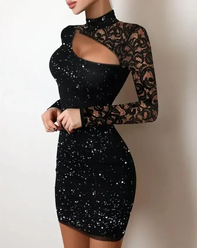 Suknie wieczorowe dla kobiet 2025 New Elegant Sexy Party Wedding Guest Glitter Contrast Lace Cutout Long Sleeve Bodycon Mini Dress