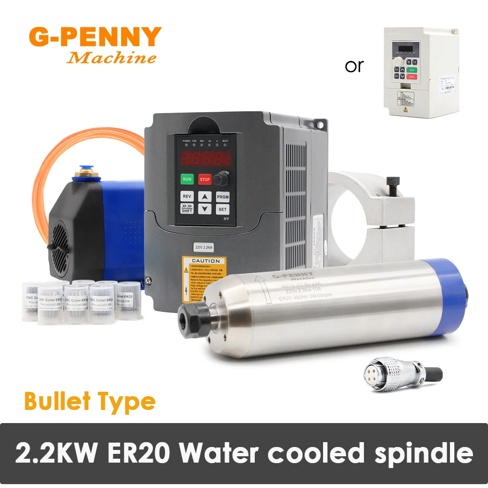 2.2KW ER20 Water Cooled spindle motor kit 220v/380v Bullet Type 4pcs bearings 2.2KW HY/QL Inverter 80mm bracket 75W water pump