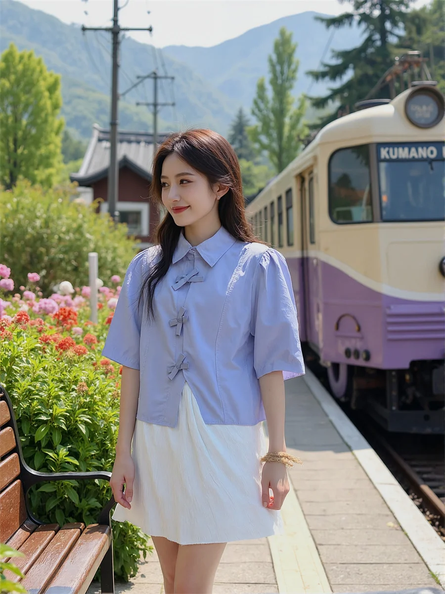 

Puff Sleeve Shirts Asymmetrical Blouses Spring Woman Y2K Elegant Multicolor Class Slim Fitting Waist Fitted Model Pieces Half OL