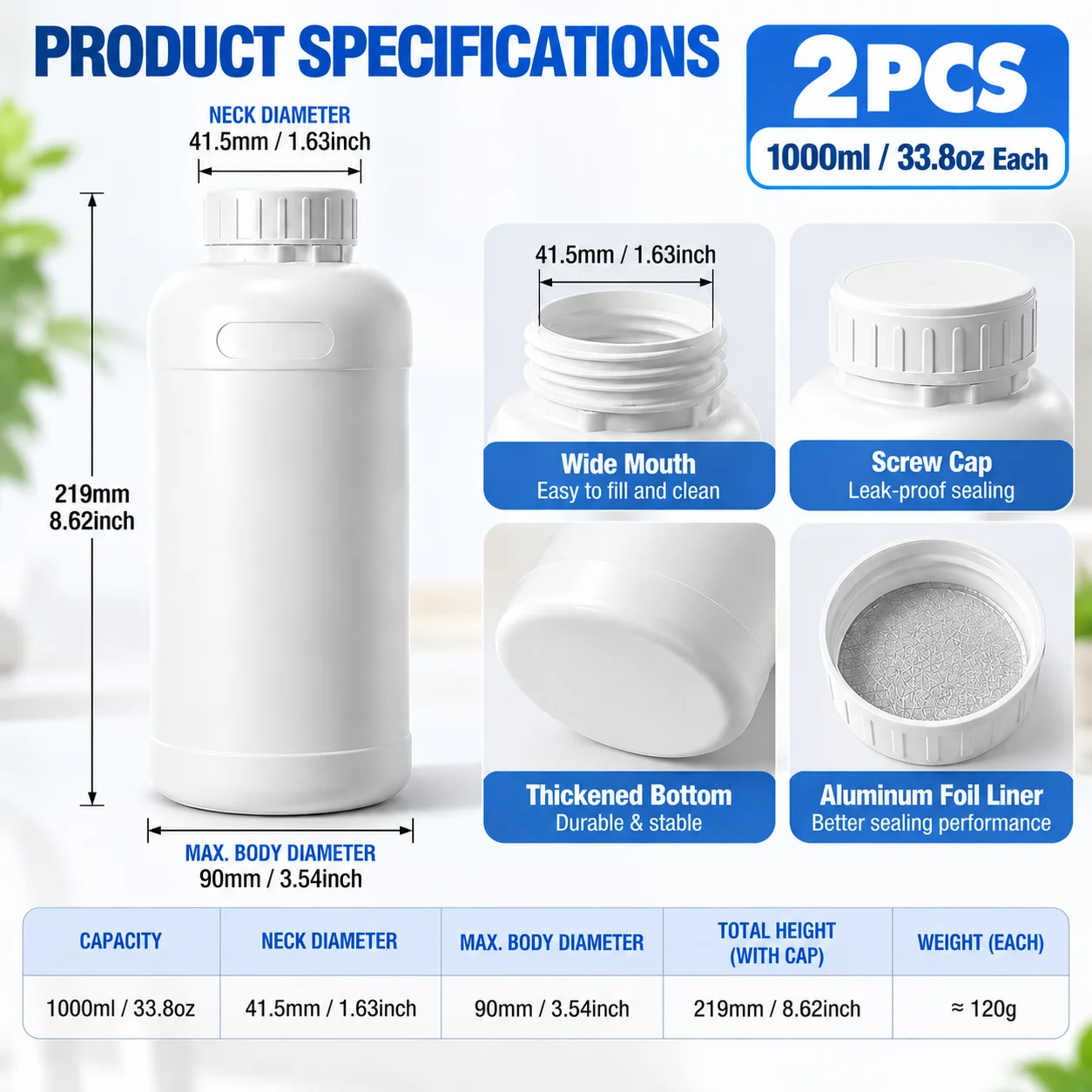 2Pcs 1000ml HDPE Plastic Storage Bottles EVOH Multilayer Barrier Wide Mouth Screw Cap Containers For Chemical Liquid Laboratory