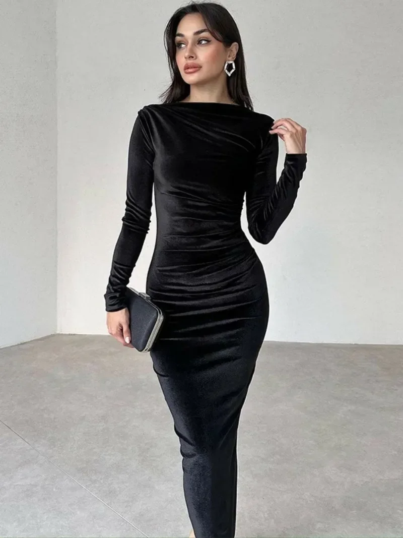 2024 Autumn Women O-neck Folds High Waist Mid-calf Velvet Dress Elegant Fashion Office Lady Bodycon Tunics Party Evening Dresses