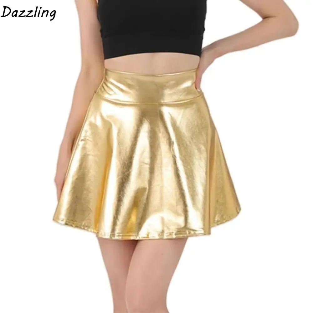 

Elegant Metallic Pleated Skirt Gold Silver Retro A-line Short Skirt Flared Design Solid Color Shiny Short Dress Daily Wear