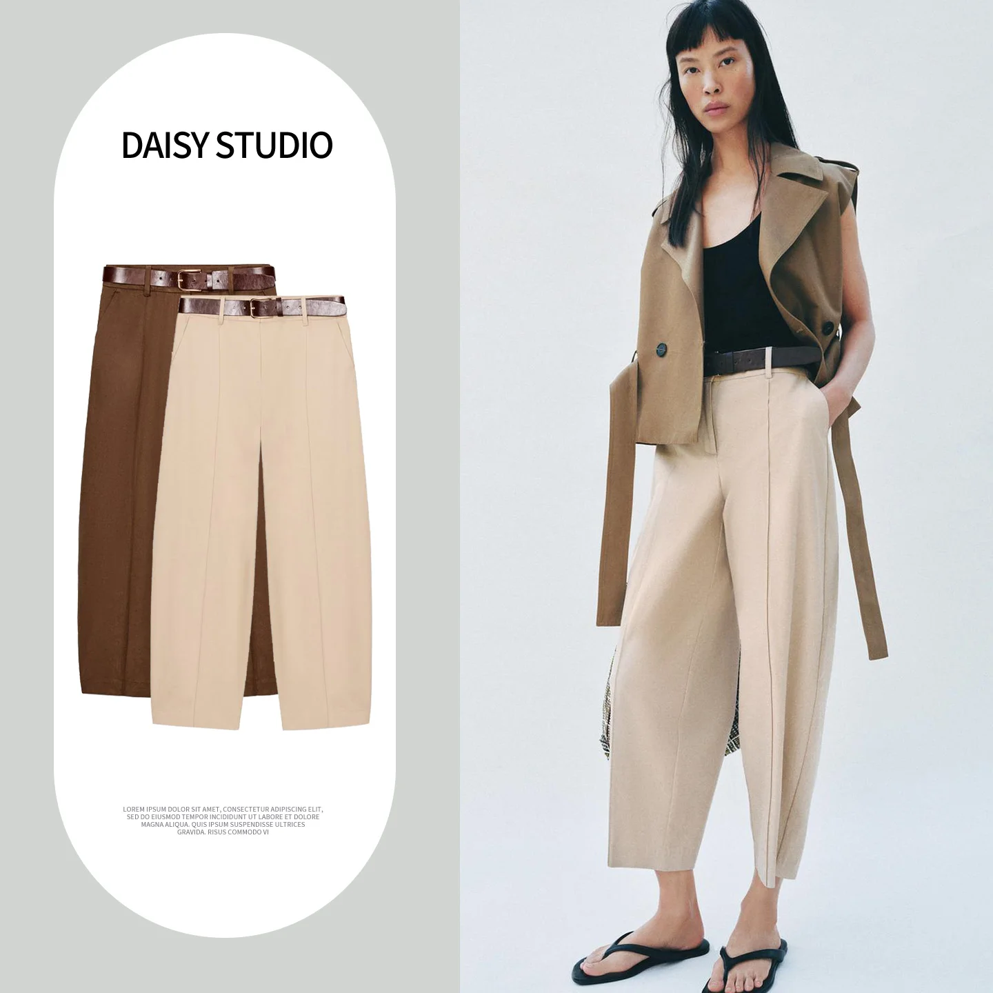 

Spring New Women's Casual Pants with Single Pocket And Belt Low Waist Balloon Pants Straight Leg Zipper Polyester Fiber