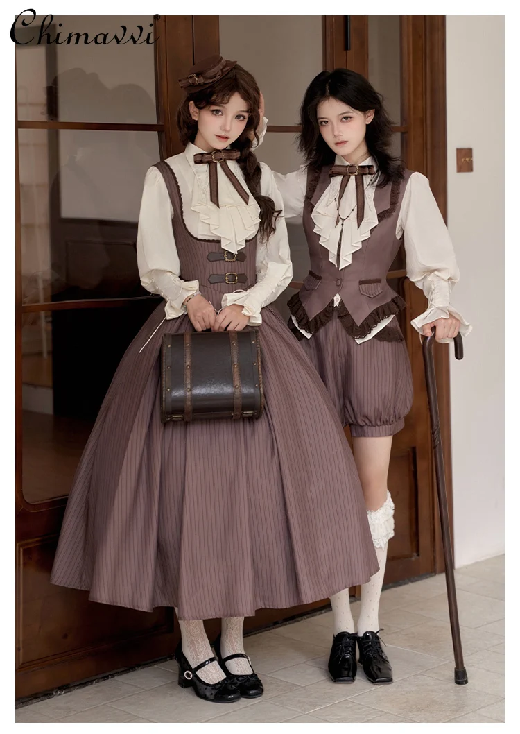 Original Cla British Style Dress Sets Autumn Winter Lolita Long-sleeved Shirt Chest Support Slim Long Dress Shawl Retro Outfits