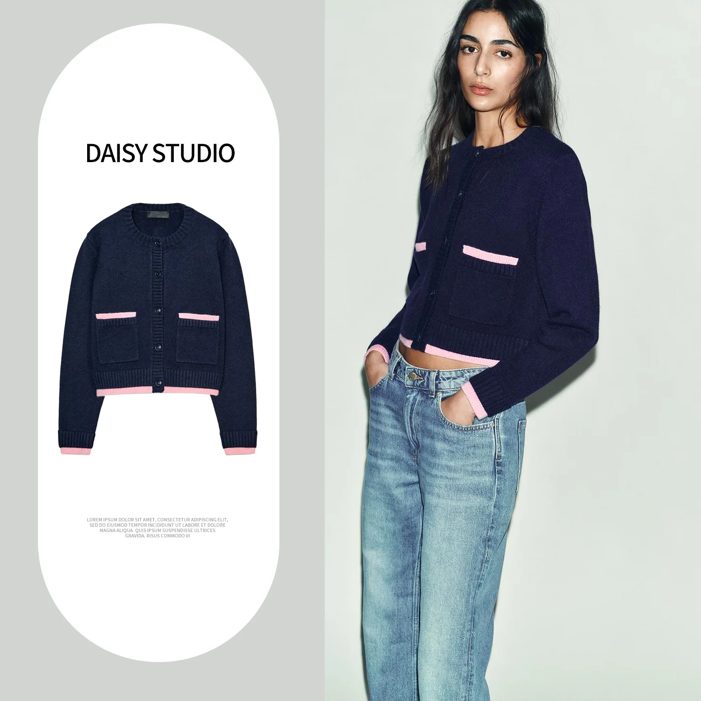 

Весенняя новинка: Женская вязаная кофта в британском стиле с длинным рукавом, круглым вырезом, цветными блоками, на одной пуговице, в уличном стиле, из полиэстера.