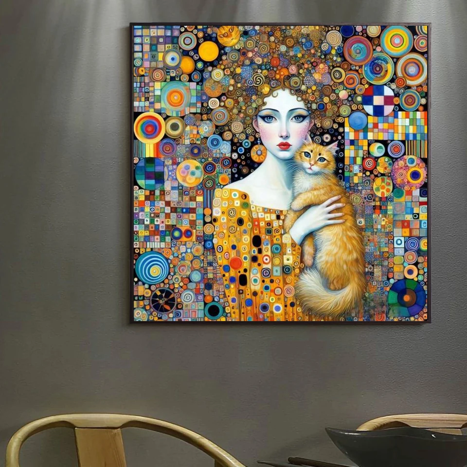 DIY 5D Diamond Painting The Kiss by Gustav Klimt Diamond Embroidery Woman and Cat Diamond Mosaic Cross Stitch Kits Home Decor