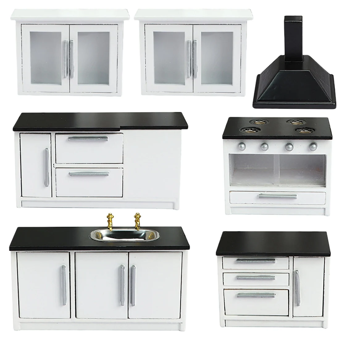 1:12 Mini adegan dapur putih furnitur dapur Range Hood carabinet Cooktop aksesoris