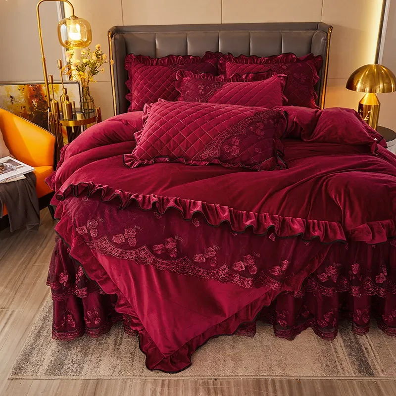 AI WINSURE-French 4pcs Bedding Set, Velvet Duvet Cover, Lace Bedspread, Queen Double King Size, Luxury, Soft Thick, for Winter