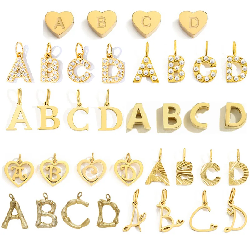A-Z Alphabet 26 Letter Charms Set Heart Zircon Pearl Initial Letter Gold Plated Stainless Steel Pendants for DIY
