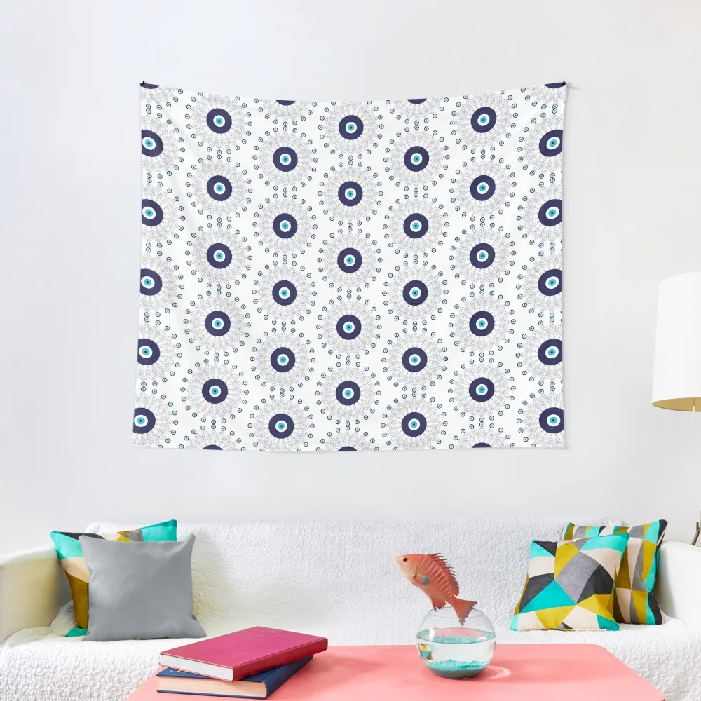 Navy Blue White Mediterranean Evil Eye Mandala Pattern Tapestry Decoration Home Bedroom Decor Aesthetic Tapestry