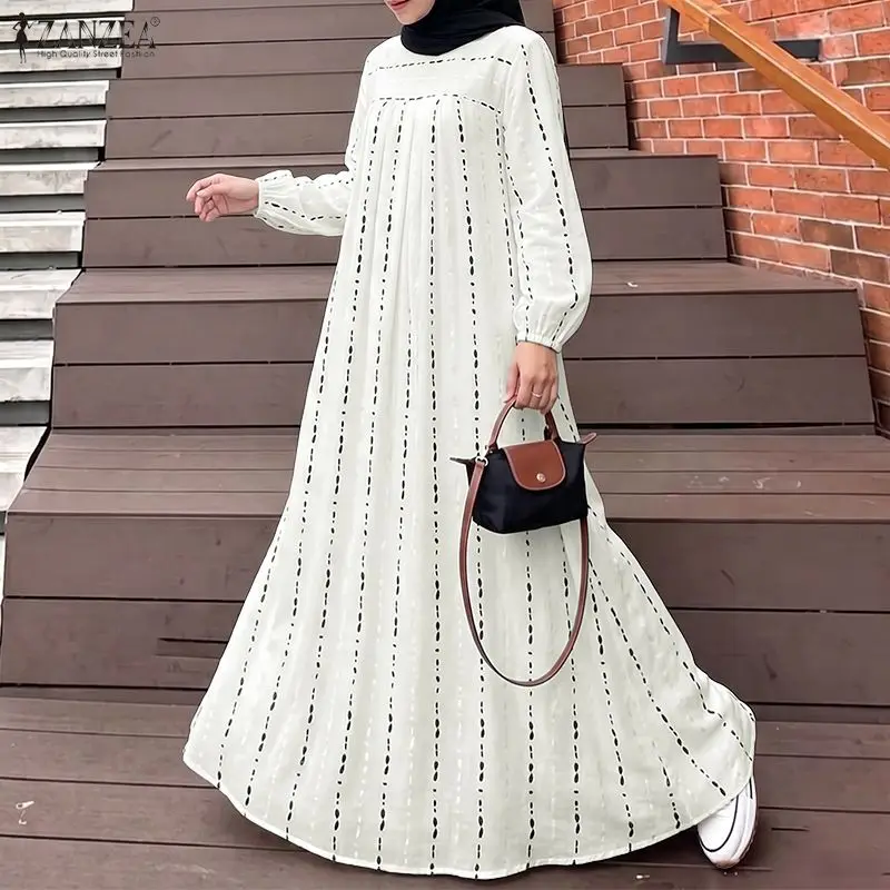 ZANZEA Modisches Lässiges O-Ausschnitt Langarm Lose Ramadan Muslim Abaya Gewand Damen Maxi Langes Kleid Dubai Hijab Sommerkleid Kaftan 2026