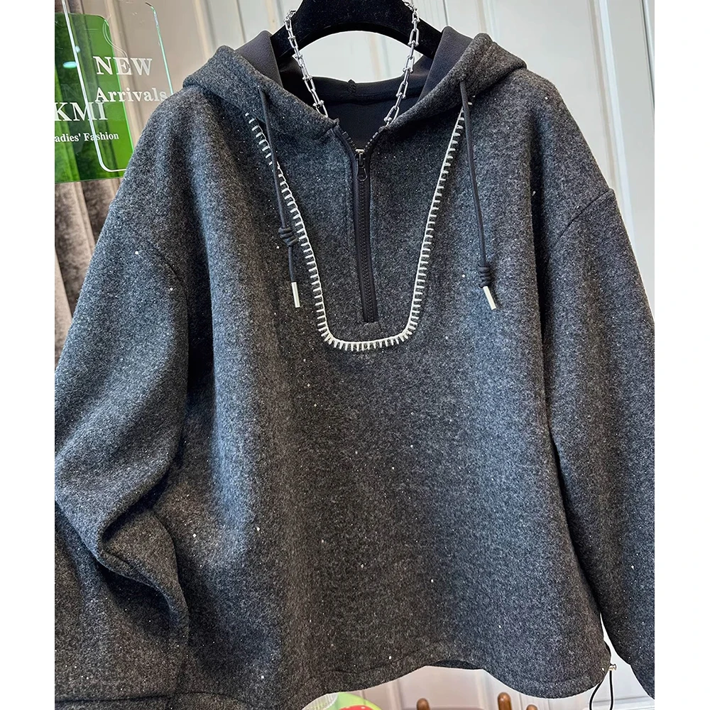 Trendy Sparkle Sequin Hoodies for Women Spring Casual Long Sleeve Velvet Hooded Sweatshirt Oversized Half Zip Pullover Tops