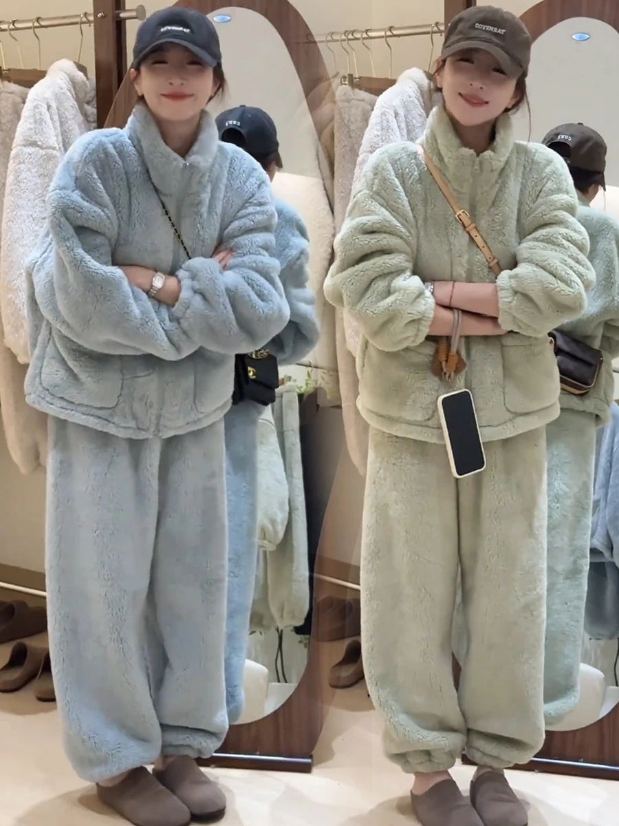 

Winter New Fashion Coral Fleece Sleepwear Women's Loose Thickened Home Clothes Two-Piece Set Korean Style Seven-Quarter Sleeve