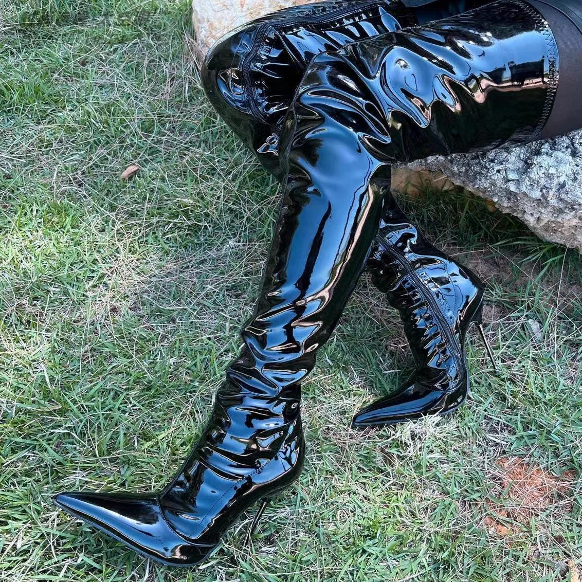 seekMate Space and Europe and America pointy patent leather ultra-high heel 73cm boots sexy customized stage pole danc