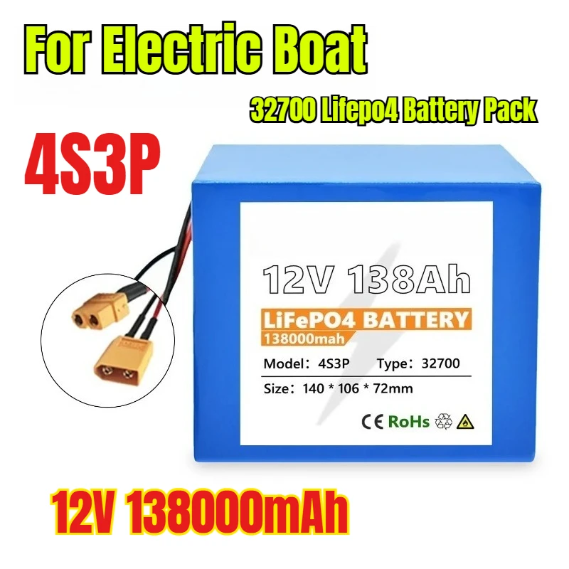 

32700 Lifepo4 12V Battery Pack 138000mAh 4S3P Built-in 40A Balanced BMS for Electric Boat